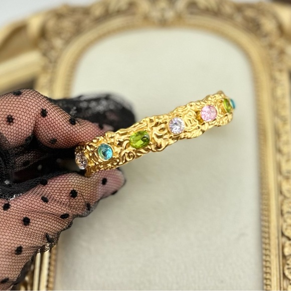 Colorful Gemstone Cuff Bracelet – 18K Gold Plated on Stainless Steel - Picture 6 of 10